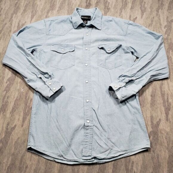 Pelham Shirt Mens Medium Blue Long Sleeve Pearl Snap Western Wear Front‎ Pockets - Picture 1 of 6